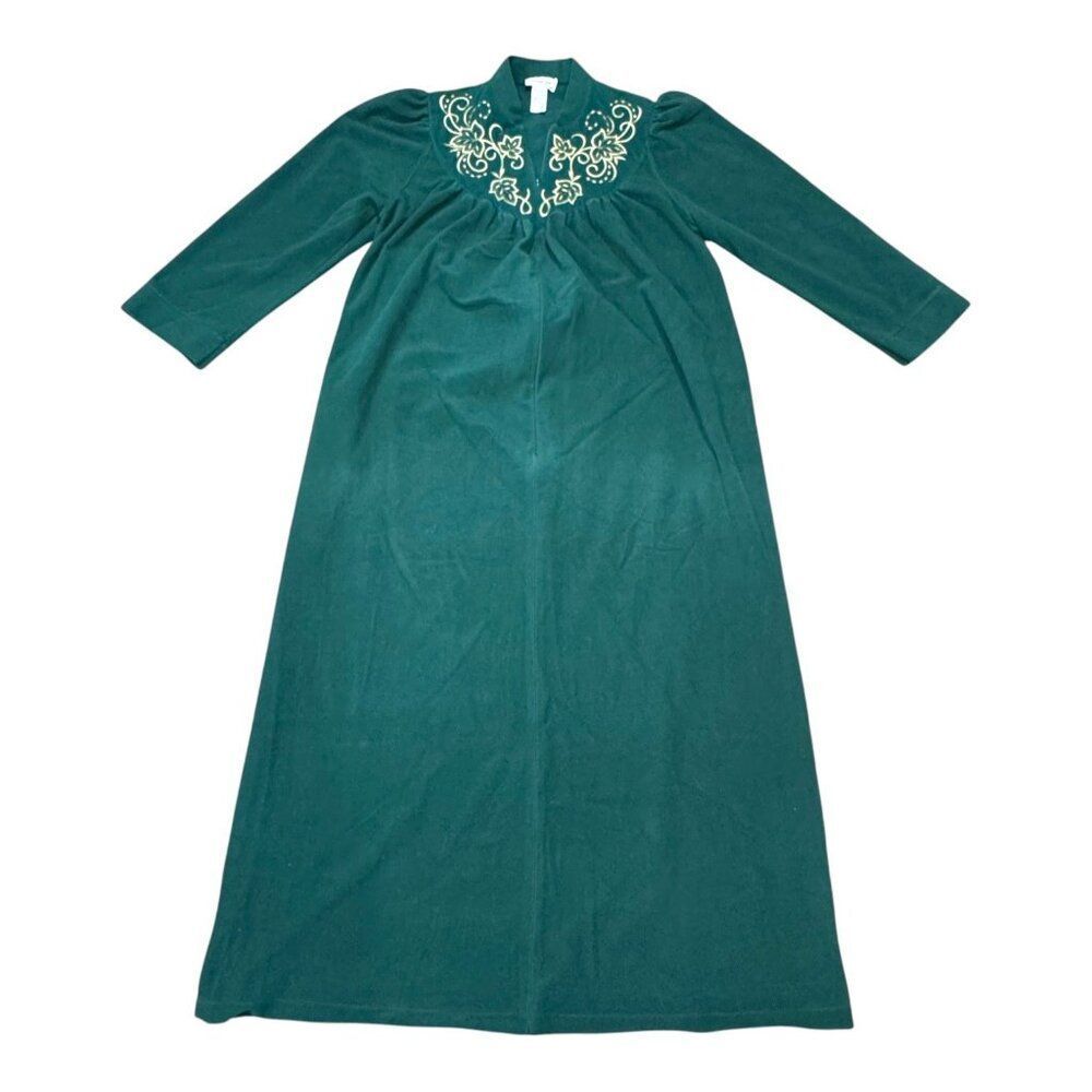 Vanity Fair Womens Green Full-Length Robe Size S Long Sleeves Floral Collar READ